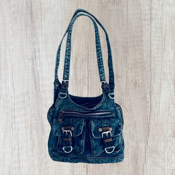 Vintage Y2K Denim Blue Jeans Fabric 2-Section Zip Adjustable Crossbody Purse Bag - Picture 2 of 5